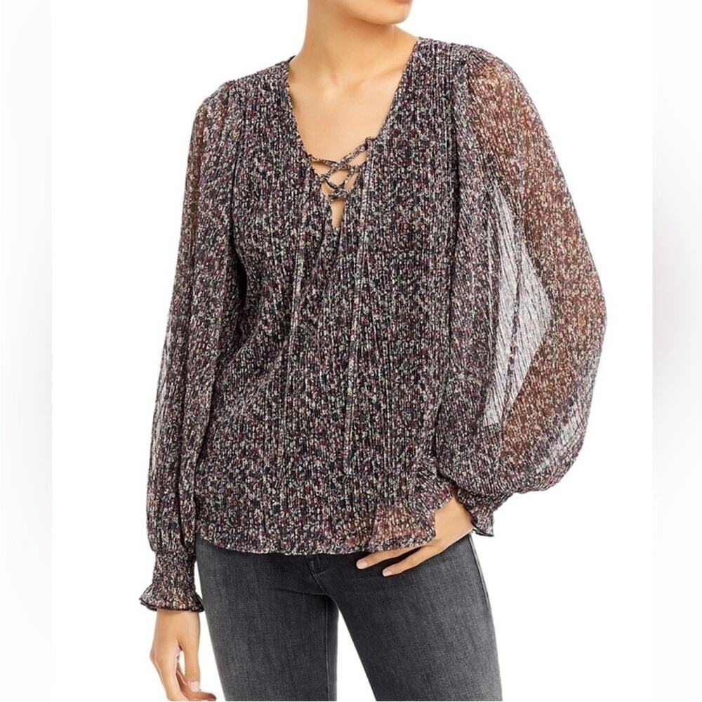 Ramy Brook Shiloh Floral Metallic plisse Floral Long Sleeve Top Blouse Sz XS